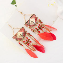 Women's Boho Triple Feather Chandelier Drop Earrings