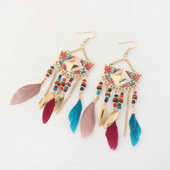 Women's Boho Triple Feather Chandelier Drop Earrings