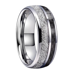 Men's 8mm Meteorite and Carbon Fiber Inlay Polished Silver Tungsten Carbide Ring