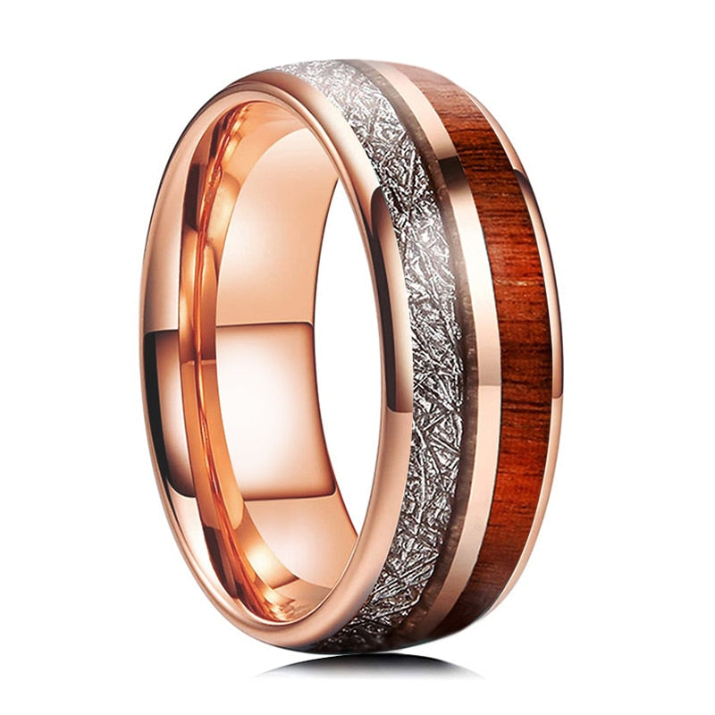 Men's 8mm Meteorite and Koa Inlay Rose Gold Tungsten Carbide Ring