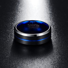 Men's 8mm Blue Matte Finish Beveled Edge Tungsten Carbide Ring