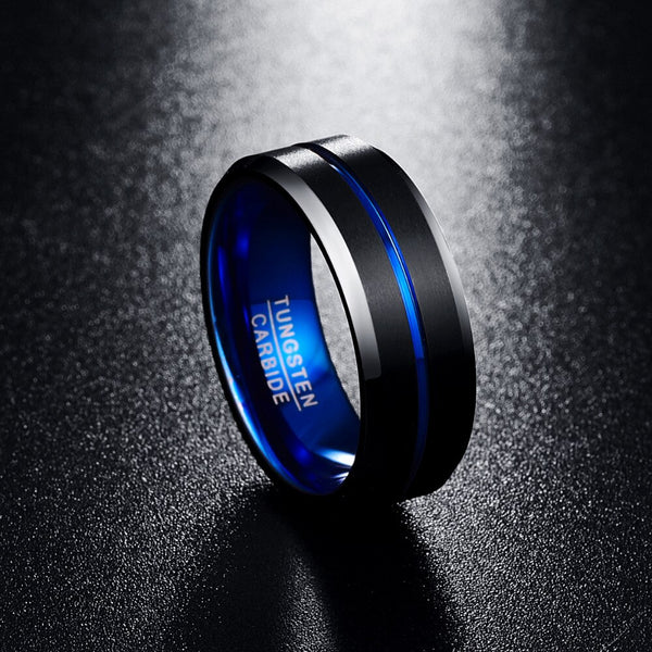 Men's 8mm Blue Matte Finish Beveled Edge Tungsten Carbide Ring