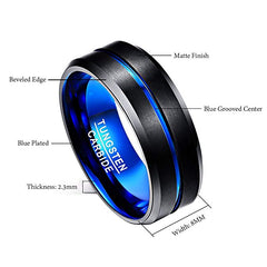 Men's 8mm Blue Matte Finish Beveled Edge Tungsten Carbide Ring