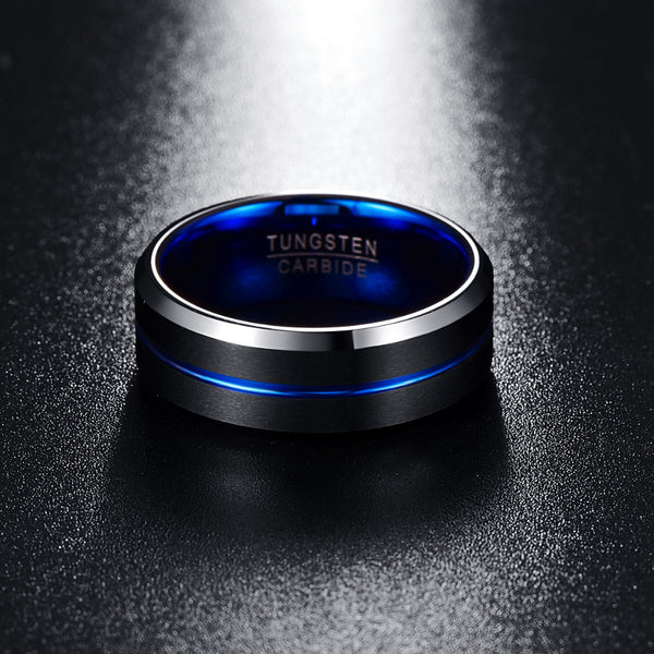 Men's 8mm Blue Matte Finish Beveled Edge Tungsten Carbide Ring