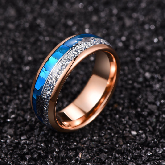Women's 8mm Tungsten Carbide Rose Gold Blue Shell Meteorite Ring