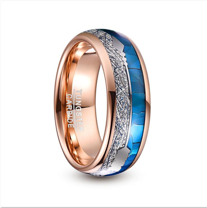 Women's 8mm Tungsten Carbide Rose Gold Blue Shell Meteorite Ring