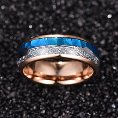 Women's 8mm Tungsten Carbide Rose Gold Blue Shell Meteorite Ring