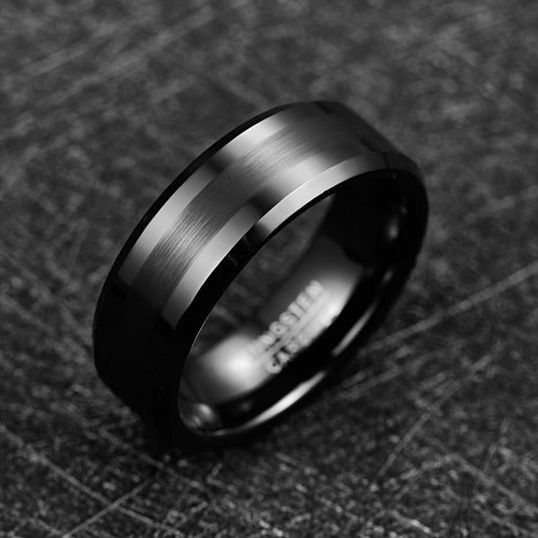 Men's 8mm Black Tungsten Carbide Brushed Center Beveled Edge Ring