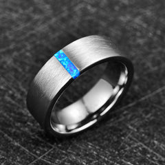 Men's 8mm Inlaid Blue Opal Brushed Tungsten Carbide Ring