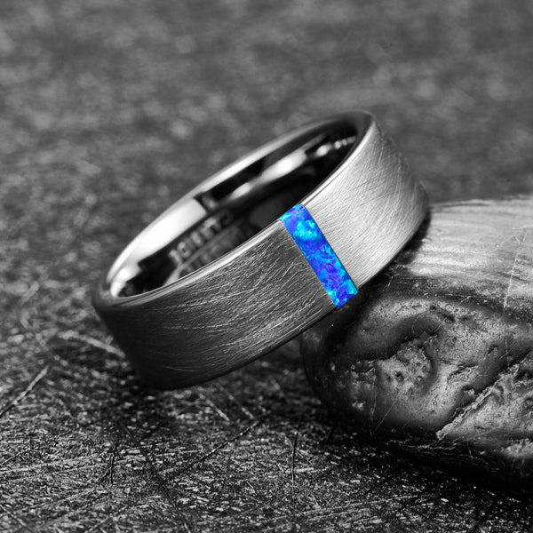 Men's 8mm Inlaid Blue Opal Brushed Tungsten Carbide Ring