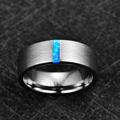 Men's 8mm Inlaid Blue Opal Brushed Tungsten Carbide Ring