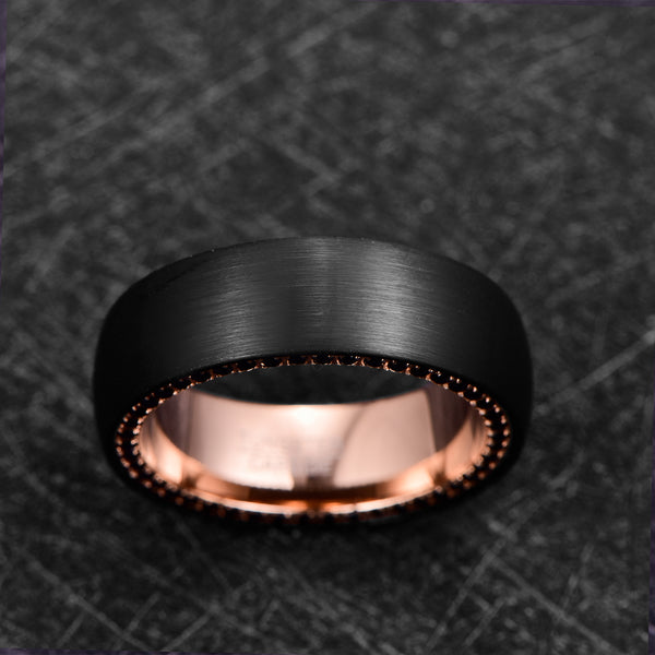 Men's 8mm Black Brushed Tungsten Carbide Rose Gold Inner Ring