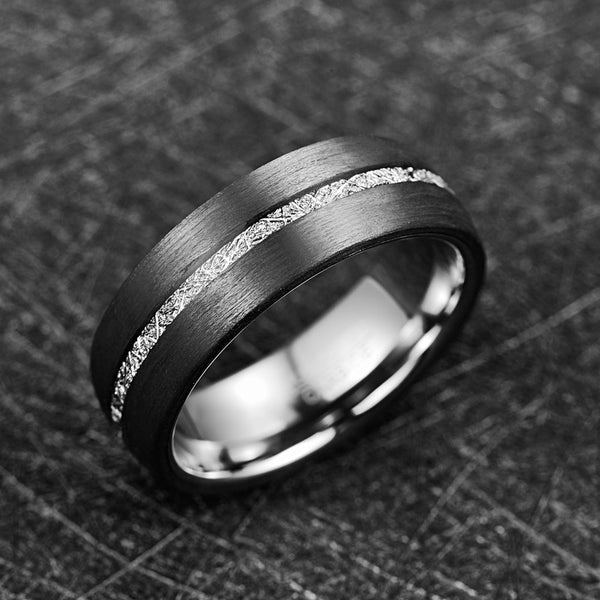 Men's 8mm Center Meteorite Inlay Brushed Black Dome Polished Silver Inner Tungsten Carbide Ring