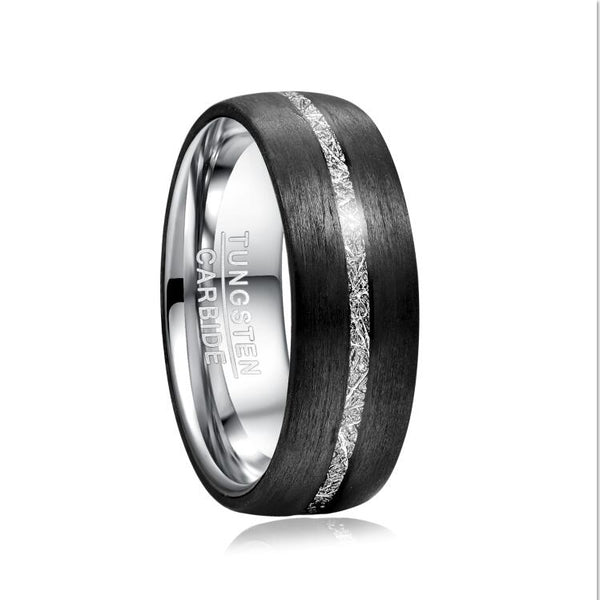 Men's 8mm Center Meteorite Inlay Brushed Black Dome Polished Silver Inner Tungsten Carbide Ring