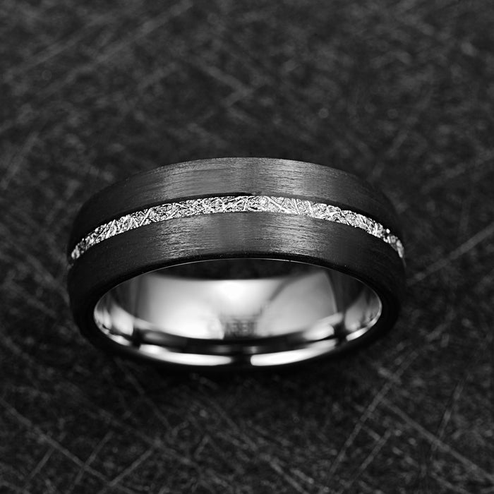 Men's 8mm Center Meteorite Inlay Brushed Black Dome Polished Silver Inner Tungsten Carbide Ring