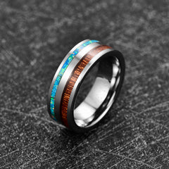 Men's 8mm Steel Tungsten Carbide Inlaid Green Opal Acacia Wood Ring