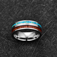 Men's 8mm Green Opal and Acacia Wood Silver Tungsten Carbide Ring