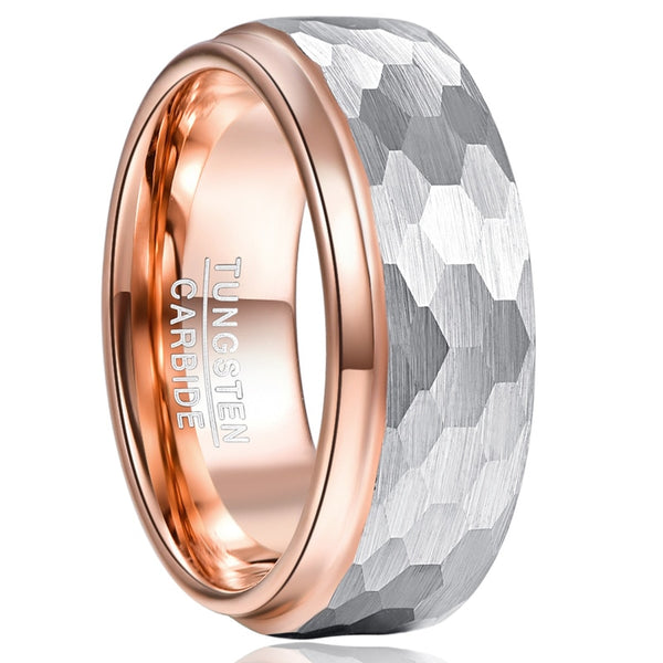 Women's 8mm Rose Gold Tungsten Carbide Hammered Ring