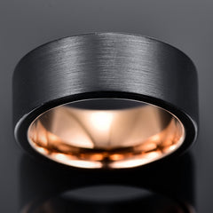 Men's 8mm Brushed Black Tungsten Carbide Rose Gold Inner Ring