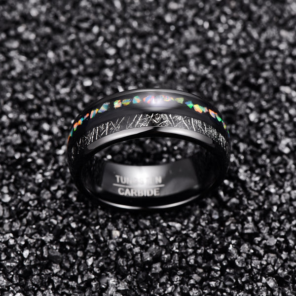 Men's 8mm Vermiculite and Opal Granules Inlay Black Dome Tungsten Carbide Ring