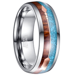 Men's 8mm Tungsten Carbide Rose Gold Arrow Wood Veneer and Blue Opal Inlay Ring