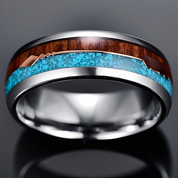 Men's 8mm Tungsten Carbide Rose Gold Arrow Wood Veneer and Blue Opal Inlay Ring