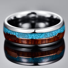 Men's 8mm Tungsten Carbide Rose Gold Arrow Wood Veneer and Blue Opal Inlay Ring