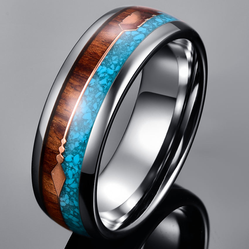 Men's 8mm Tungsten Carbide Rose Gold Arrow Wood Veneer and Blue Opal Inlay Ring