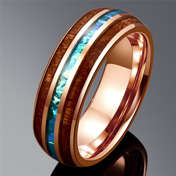 Men's 6mm Tungsten Carbide Rose Gold Inner Acacia and Opal Inlay Ring