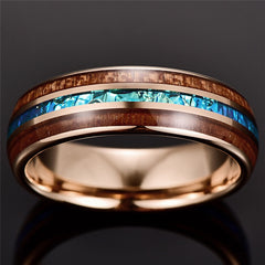 Men's 6mm Tungsten Carbide Rose Gold Inner Acacia and Opal Inlay Ring