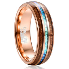 Men's 6mm Tungsten Carbide Rose Gold Inner Acacia and Opal Inlay Ring