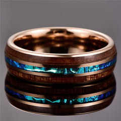 Men's 6mm Tungsten Carbide Rose Gold Inner Acacia and Opal Inlay Ring