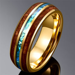 Men's 6mm Hawaiian Koa Wood Gold Inlaid Acacia Opal Tungsten Carbide Ring