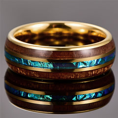 Men's 6mm Hawaiian Koa Wood Gold Inlaid Acacia Opal Tungsten Carbide Ring