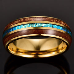 Men's 6mm Hawaiian Koa Wood Gold Inlaid Acacia Opal Tungsten Carbide Ring