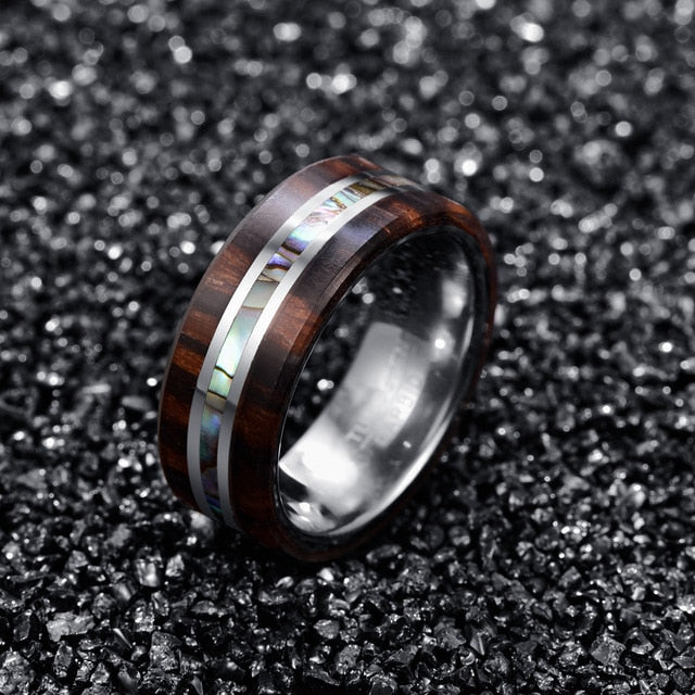 Men's 8mm Ebony Wood Grain Natural Abalone Shell Tungsten Carbide Ring