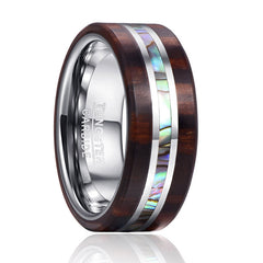 Men's 8mm Ebony Wood Grain Natural Abalone Shell Tungsten Carbide Ring