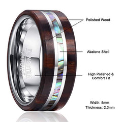 Men's 8mm Ebony Wood Grain Natural Abalone Shell Tungsten Carbide Ring