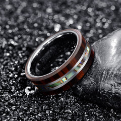 Men's 8mm Ebony Wood Grain Natural Abalone Shell Tungsten Carbide Ring