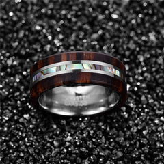 Men's 8mm Ebony Wood Grain Natural Abalone Shell Tungsten Carbide Ring