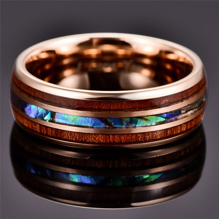 Men's 8mm Acacia Abalone Shell Tungsten Carbide Rose Gold Inner Ring
