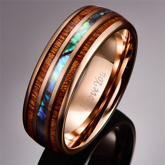 Men's 8mm Acacia Abalone Shell Tungsten Carbide Rose Gold Inner Ring