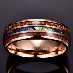 Men's 8mm Acacia Abalone Shell Tungsten Carbide Rose Gold Inner Ring