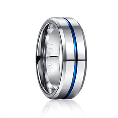 Men's 8mm Tungsten Carbide Silver Polished Blue Groove Ring