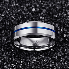 Men's 8mm Tungsten Carbide Silver Polished Blue Groove Ring