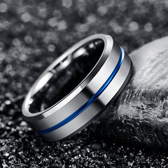 Men's 8mm Tungsten Carbide Silver Polished Blue Groove Ring