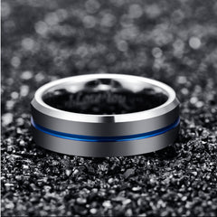 Men's 8mm Tungsten Carbide Silver Polished Blue Groove Ring