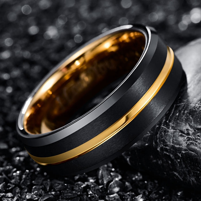 Men's 8mm Gold Inlay Inner Brushed Black Tungsten Carbide Ring