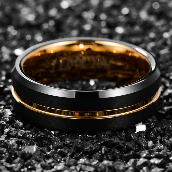 Men's 8mm Gold Inlay Inner Brushed Black Tungsten Carbide Ring