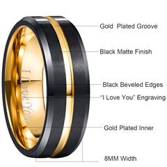 Men's 8mm Gold Inlay Inner Brushed Black Tungsten Carbide Ring